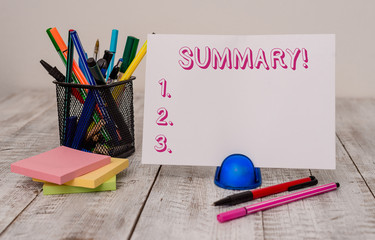 Writing note showing Summary. Business concept for brief statement or account of main points of...