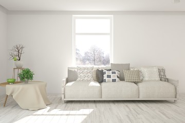 Stylish room in white color with sofa. Scandinavian interior design. 3D illustration