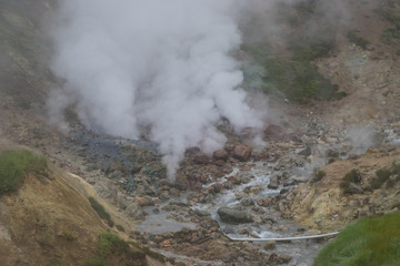 A small valley of geysers near the Mutnovsky geo power station in Kamchatka