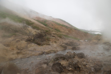 A small valley of geysers near the Mutnovsky geo power station in Kamchatka