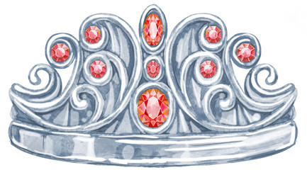 Watercolor silver crown Princess with precious stones ruby