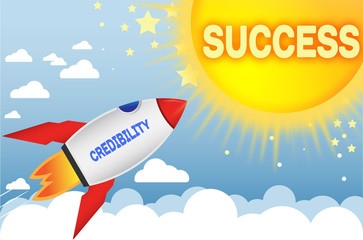 Naklejka premium Credibility connects to success in business,work and life - symbolized by a cartoon style funny drawing with blue sky, yellow sun and red rocket, 3d illustration