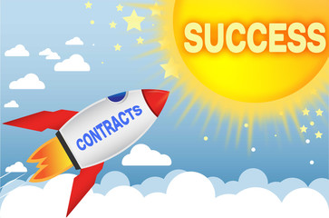 Contracts connects to success in business,work and life - symbolized by a cartoon style funny drawing with blue sky, yellow sun and red rocket, 3d illustration