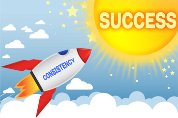 Consistency connects to success in business,work and life - symbolized by a cartoon style funny drawing with blue sky, yellow sun and red rocket, 3d illustration