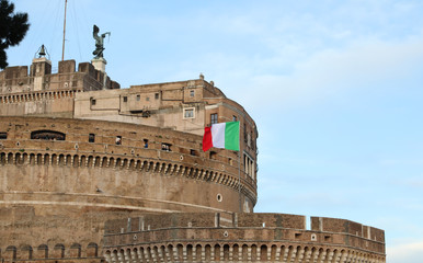 Fototapeta na wymiar Italian flag waving in Castel Sant'Angelo