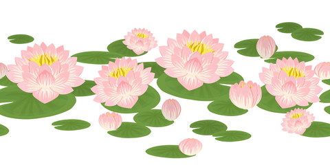 Water Lily seamless horizontal abstract pattern. Floral ornament with water Lily flowers or Lotus flowers and green leaves