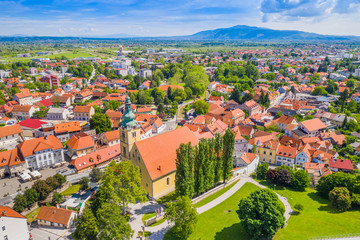 Fototapeta na wymiar Croatia, town of Samobor, main square and church tower from drone, town skyline