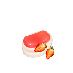 A piece of natural soap with a aroma strawberry in an oval ceramic soap dish on a white background with copy space. Selective focus.