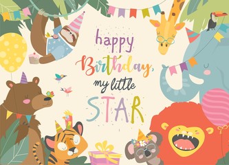 Vector frame with cute animals celebrating Birthday