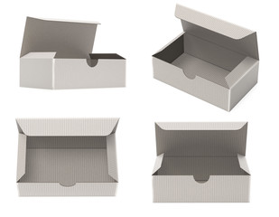Cardboard paper boxes. Set of open cartons. 3d rendering illustration isolated