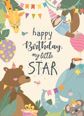 Obraz premium Vector frame with cute animals celebrating Birthday