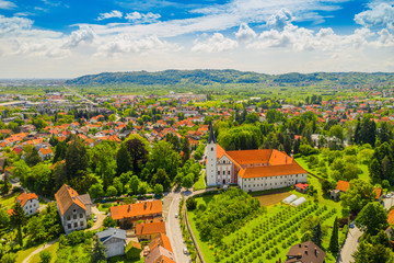 Town of Samobor in Croatia, catholic church and monastery, aerial view from drone