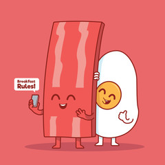 Bacon posing with a fried egg for selfie vector illustration. Breakfast, food, morning, work design concept