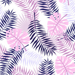 seamless tropical leaves  - palm, monstera. Seamless background with tropical leaves. 
