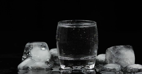 Shot of vodka in glass. Black background