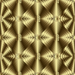 3d gold ornamental geometric greek vector seamless pattern. Textured gold background. Modern abstract repeat backdrop. Surface texture. Greek key meanders vintage ornament. Waffle textured design