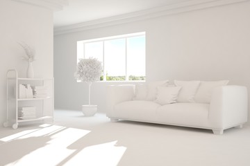 Mock up of stylish room in white color with sofa. Scandinavian interior design. 3D illustration