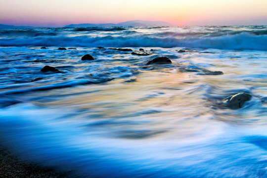 Sunset seascape. Long exposure. Nature landscape. ildir beach, cesme, izmir, Turkey.