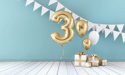 Happy 3rd birthday party celebration balloon, bunting and gift box. 3D Render