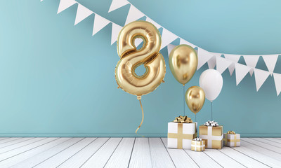 Happy 8th birthday party celebration balloon, bunting and gift box. 3D Render