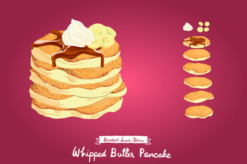 Fried Pancakes topping with syrup, whipped cream and bananas illustration isolated on gradient background