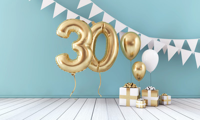 Happy 30th birthday party celebration balloon, bunting and gift box. 3D Render