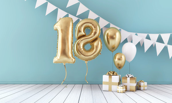 Happy 18th birthday party celebration balloon, bunting and gift box. 3D Render