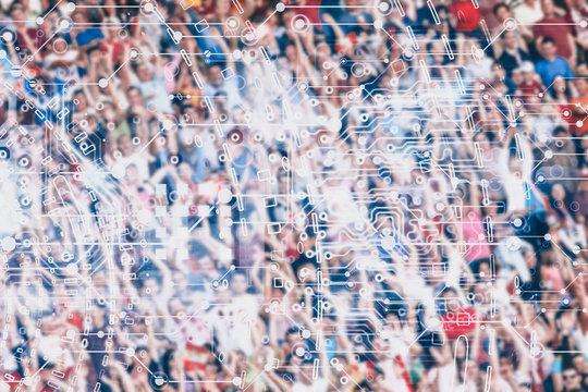 double exposure of crowd of people and electronic circuit - data collection - artificial intelligence