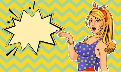 Beautiful pin up model with excited expressions vector illustration in pop art style