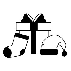 Gift box with christmas santa hat and sock in black and white