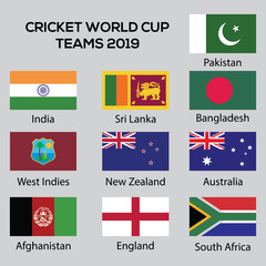 Obraz na płótnie Canvas Cricket World Cup 2019 team flags with including Sri Lanka, South Africa, Pakistan, Afghanistan, Bangladesh, New Zealand, England, West Indies, India and Australia