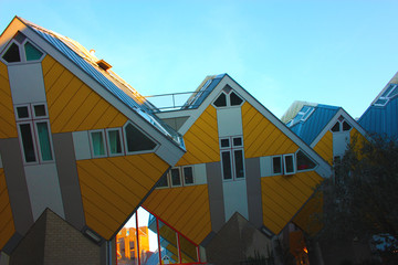 apartments and offices inside the cubic houses of Rotterdam, metropolitan city.