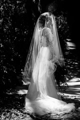 bride in white wedding dress posing indoors