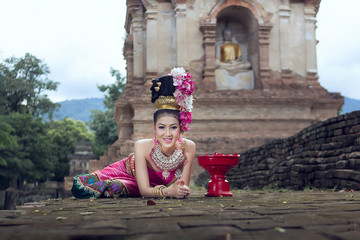 Portrait of thai woman dancing art culture in temple