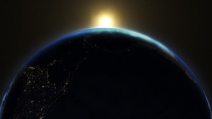 Planet earth from space, fantastic sunrise. 3D Render with real footage of planet earth