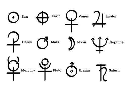 Alchemical symbols icons set alchemy elements pictogram. Sun, Earth and Planets Symbols, Astrological Wicca Symbols. Hand drawn vector set planet wiccan icon isolated on white background 