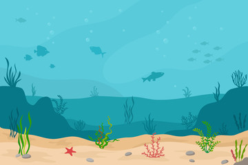 Fototapeta na wymiar Sea underwater background. Marine sea bottom with underwater plants, corals and fishs. Panoramic seascape. Vector illustration.
