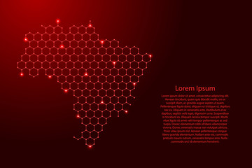 Brazil map from futuristic hexagonal shapes, lines, points red and glowing stars in nodes, form of honeycomb or molecular structure for banner, poster, greeting card. Vector illustration.