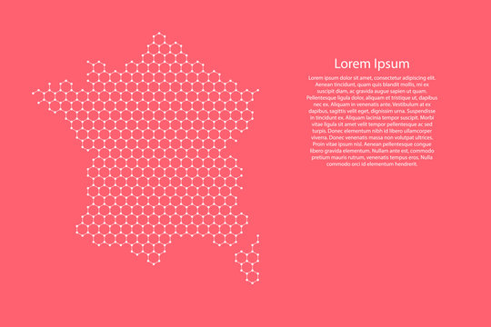 France map from futuristic hexagonal shapes, lines, points white and glowing stars in nodes, form of honeycomb or molecular structure on pink rose color coral background. Vector illustration.