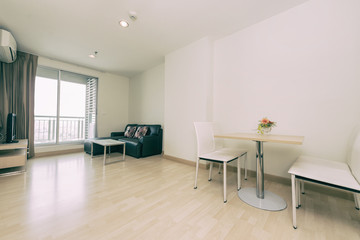 Modern living room and kitchen in small apartment