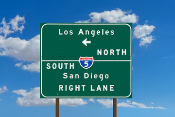Los Angeles and San Diego road  green sign for Interstate 5 in California