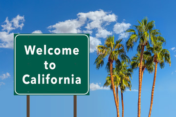 Welcome to California road sign with palm trees