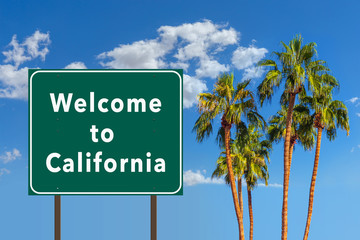 Fototapeta premium Welcome to California road sign with palm trees