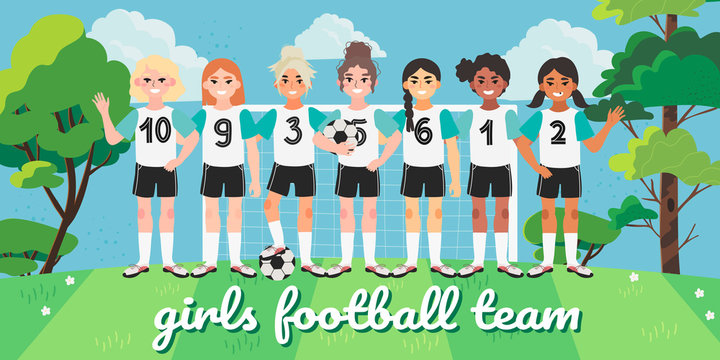 Vector illustration of a girl football or soccer team. Football field picture with children playing football in front of a beautiful spring or summer landscape. Creative banner, flyer or landing page.