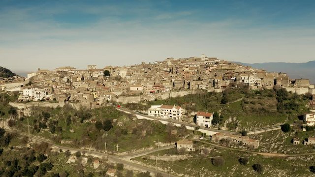 Aerial shot of picturesque town of Sant'Oreste in mountainous area of Italy