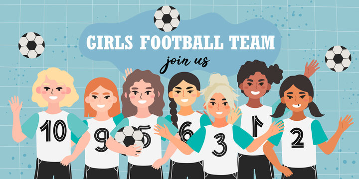 Girl football team banner. Vector illustration of a soccer children team on a blue background. Creative banner, flyer or landing page for a kids football team, club or championship.