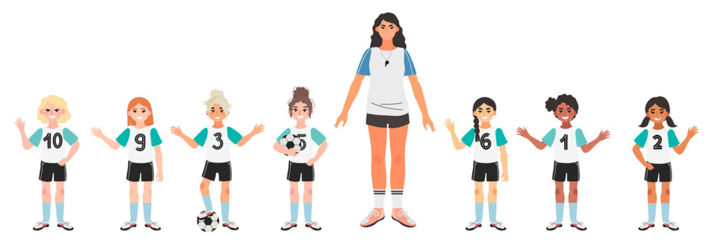 Vector illustration of a girl football or soccer team with their coach isolated on a white background.