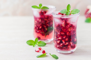 Pomegranate mint sangria. Selective focus, space for text.