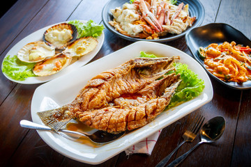 seafood - deep fried seabass golden brown and food set - halal food