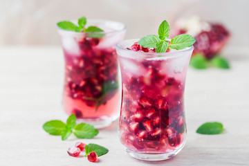 Pomegranate mint sangria. Selective focus, space for text.